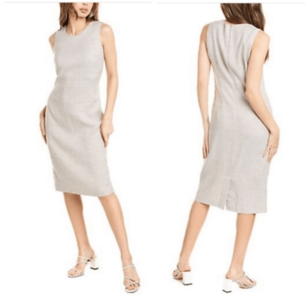 J.McLaughlin NWOT SZ 0 The Xanthra tan/silver linen blend sheath midi dress